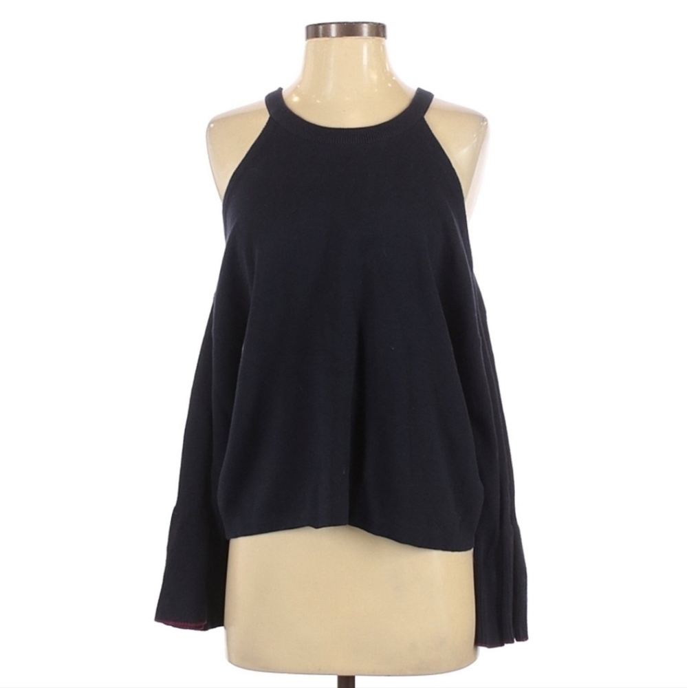 Knitted & Knotted Cold Shoulder Bell Sleeve Cropped Sweater Knit Top Size S